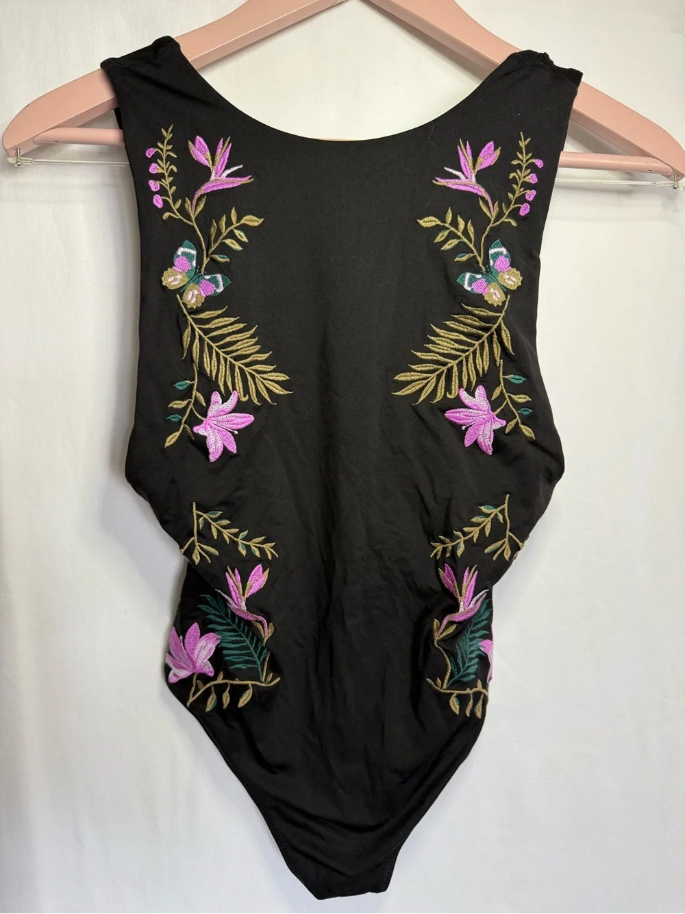 H&M Black One-Piece Swimsuit with Pink & Green Floral Embroidery